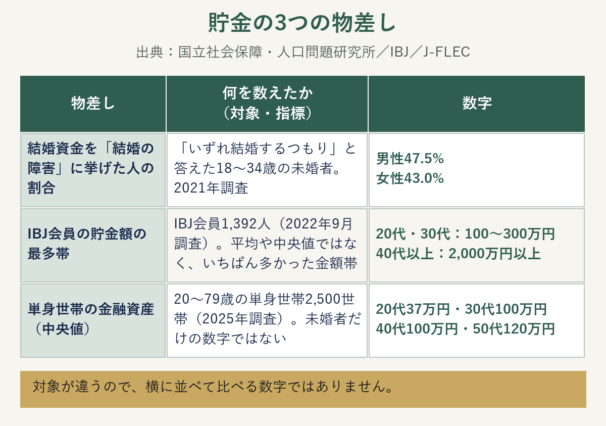 貯金の3つの物差しの図解。結婚資金を障害に挙げた人の割合、IBJ会員の貯金額の最多帯、単身世帯の金融資産の中央値