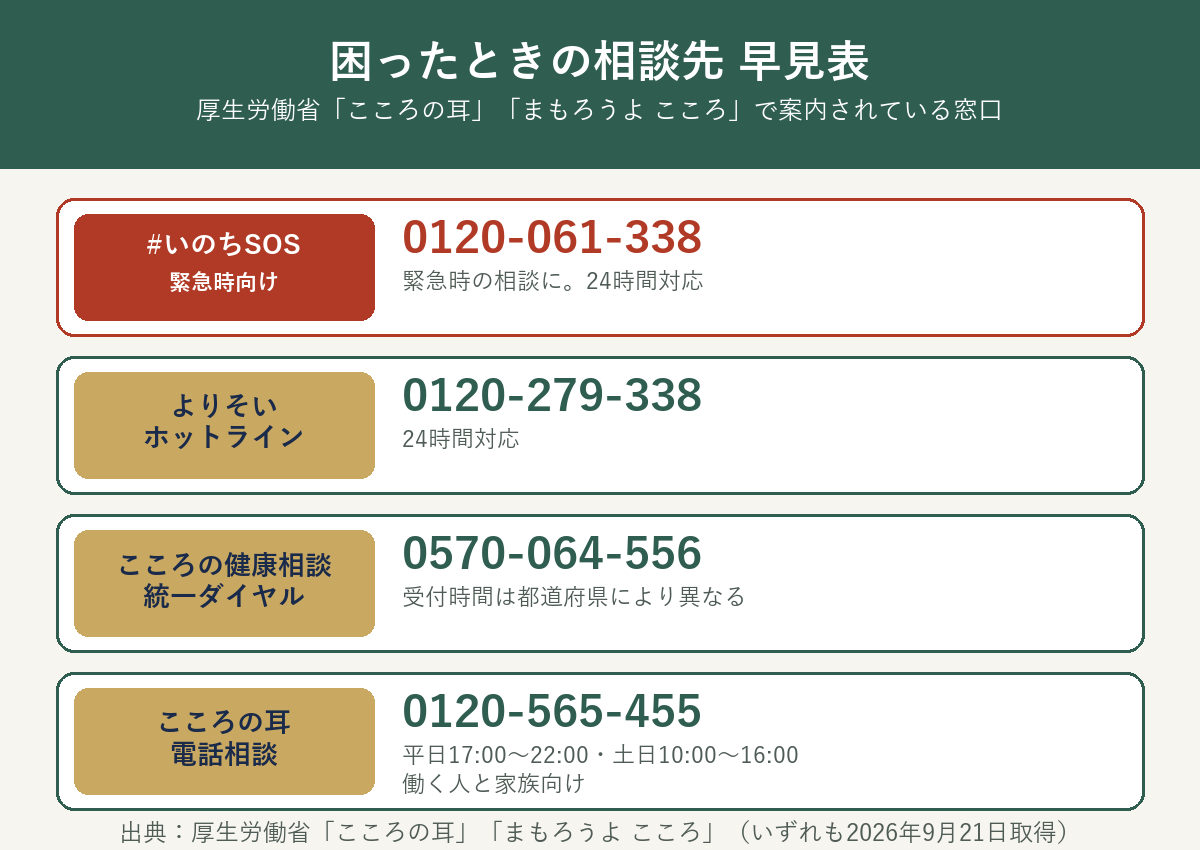 困ったときの相談先早見表（いのちSOS・よりそいホットライン・こころの健康相談統一ダイヤル・こころの耳）