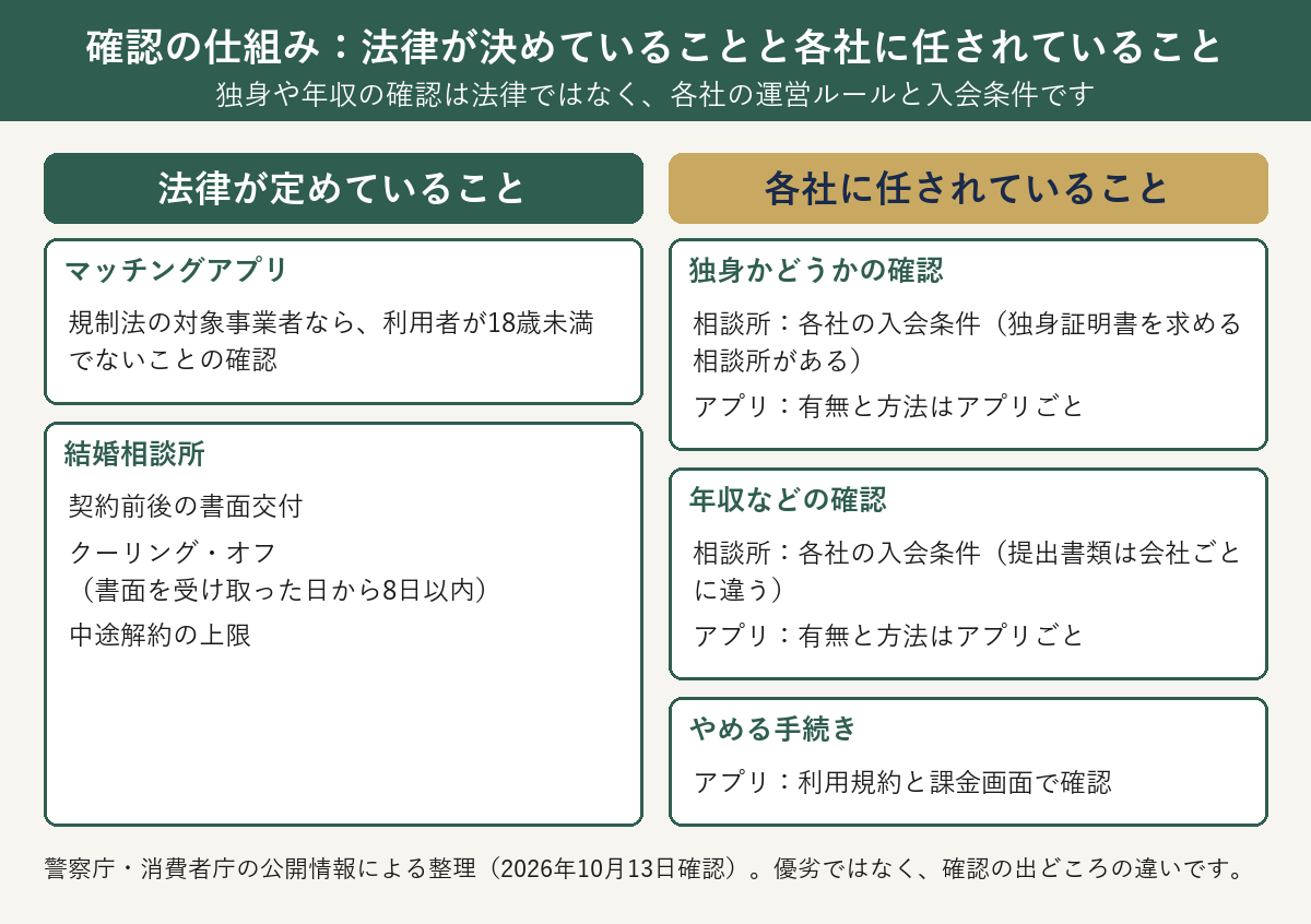 マッチングアプリと結婚相談所で、法律が定めていることと各社に任されていることを左右に分けた図